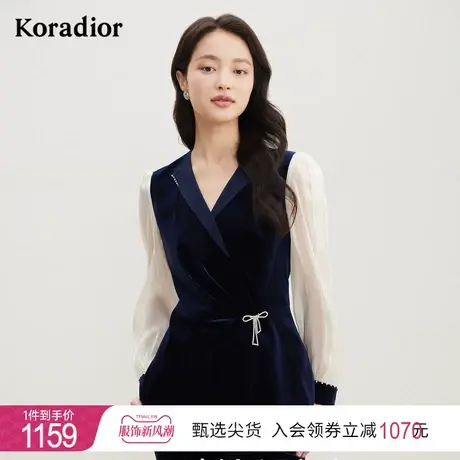 珂莱蒂尔秋季新款钉珠设计撞色拼接丝绒v领衬衫图片
