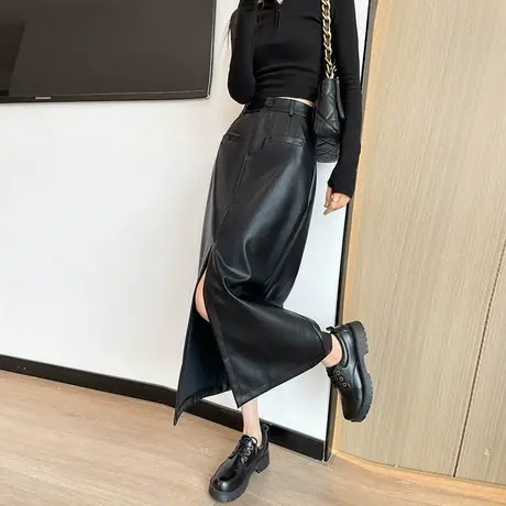 黑色PU皮裙半身裙女秋冬2023年新款中长款高腰显瘦开叉包臀一步裙图片