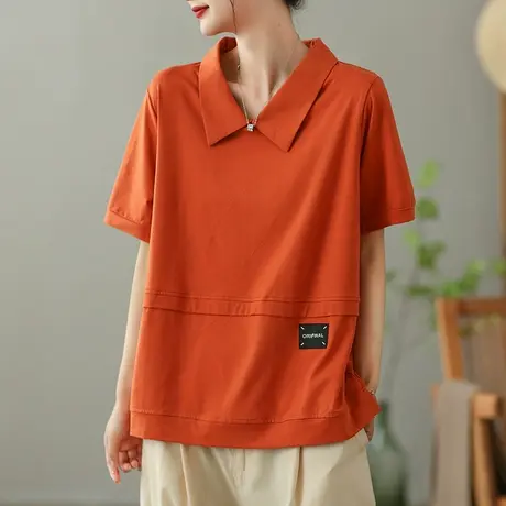 dza复古拼接纯棉短袖T恤女2023夏季翻领打底体恤宽松显瘦套头上衣商品大图