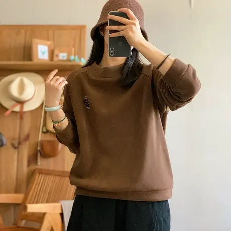 dza 复古半高圆领加厚双面奥粒绒卫衣女秋冬内搭打底宽松长袖上衣图片