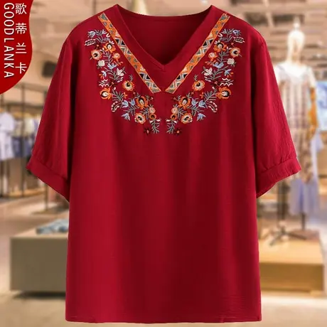 40-50岁中年胖妈妈夏季短袖上衣200斤大码宽松时尚V领刺绣棉麻T恤商品大图