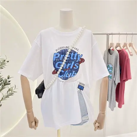 短袖t恤女2021夏装新款韩版ins潮个性减龄小众设计感宽松开叉上衣商品大图