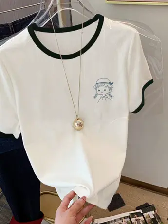甜辣仿棉拼接短袖短款t恤女夏季新款宽松绝美设计感小众上衣ins潮商品大图