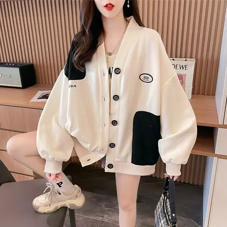 早秋小个子外套女春秋韩版宽松初秋薄款大码慵懒风棒球服开衫卫衣商品大图