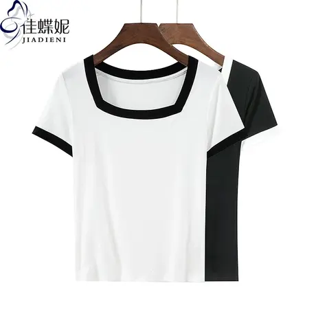 夏季新款韩版撞色方领修身纯色纯棉短袖体恤上衣内搭女打底衫商品大图