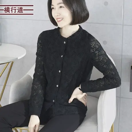 圆领木耳边蕾丝开衫长袖女装纯色中年妈妈装大码2024新款春季外穿商品大图
