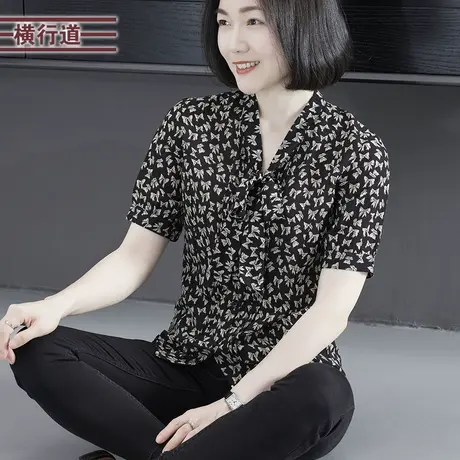 2025夏季新款简约淑女丝巾领印花短袖雪纺衫宽松短袖休闲大码上衣商品大图