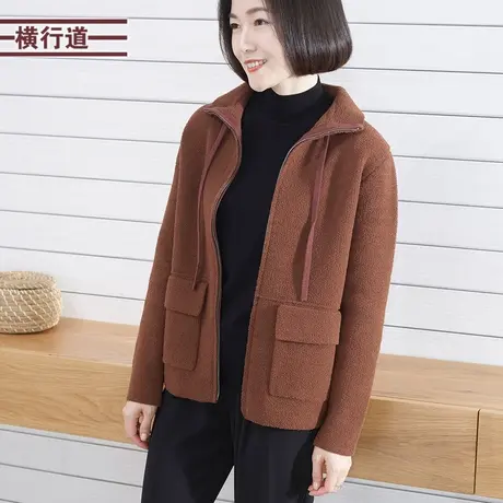 2025春季新款翻领加厚外套口袋拉链大码胖MM中年妈妈纯色长袖外穿商品大图