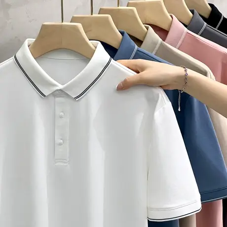 英伦POLO衫男潮短袖T恤商务休闲2023夏季纯色翻领透气半袖男上衣商品大图