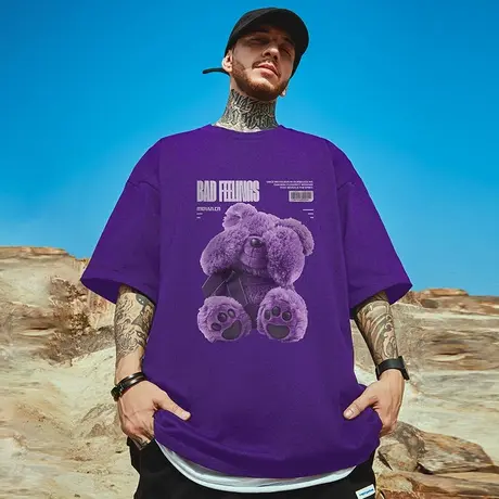 oversize美式潮牌胖子男装大码宽松小熊短袖T恤紫色情侣半袖潮流商品大图