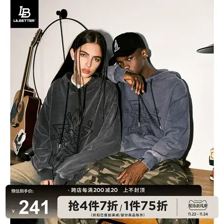 Lilbetter幸运手势380g重磅情侣卫衣秋冬款刺绣衣服水洗做旧外套商品大图