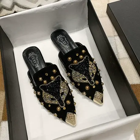 欧美铆钉包头半拖鞋女夏2024新款尖头平底鞋女外穿懒人时尚穆勒鞋商品大图