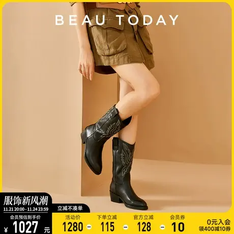 BeauToday西部牛仔靴复古长靴BT秋季长靴女2023新款真皮时装女靴图片