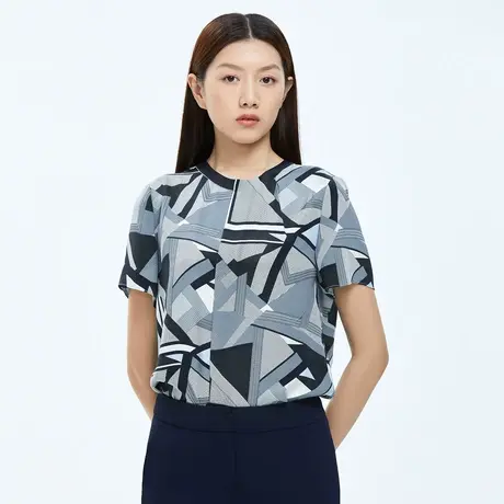 朗姿夏季圆领桑蚕丝几何图形印花通勤女式衬衫新款衬衫奥莱商品大图