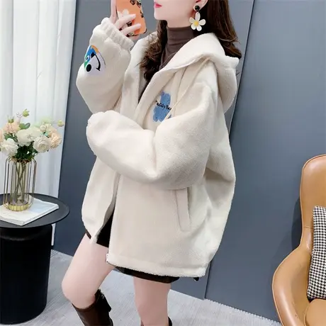 加绒加厚羊羔毛连帽卫衣外套女2023年新款秋冬宽松设计感棉服上衣图片