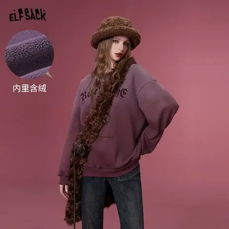 妖精的口袋美式复古加绒套头卫衣女2023冬季新款圆领宽松长袖上衣商品大图