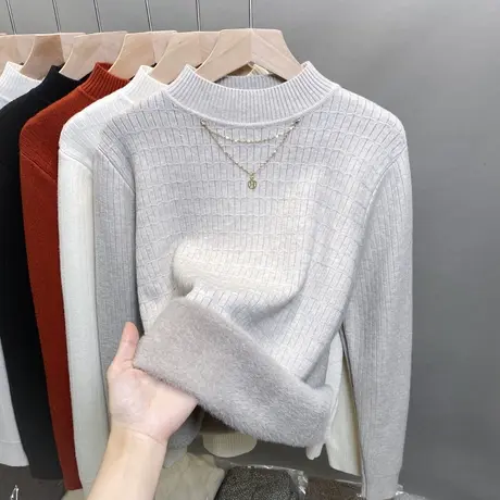一体绒半高领毛衣女加绒加厚打底衫2024秋冬新款针织衫内搭上衣潮图片