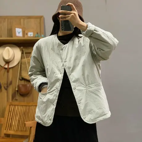 dza 复古短款纯色圆领棉衣外套女2023冬新款宽松休闲口袋棉服上衣商品大图