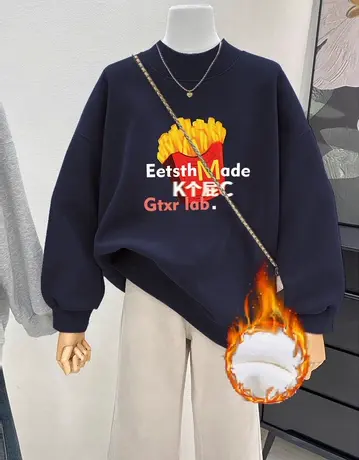 韩系chic藏蓝半高领百搭加绒卫衣女秋冬ins潮加厚慵懒风上衣外套商品大图