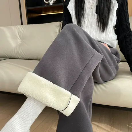 灰色阔腿运动裤女2023新款秋冬季加绒高腰宽松休闲小个子直筒卫裤商品大图