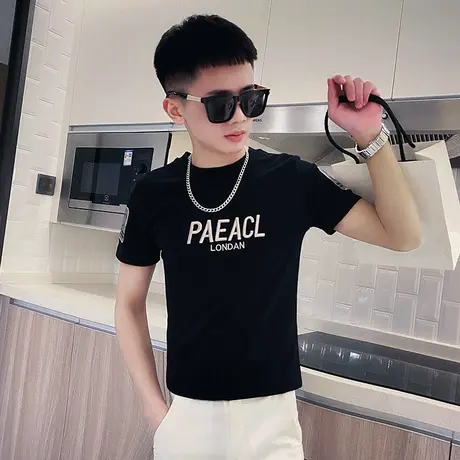 夏季男士上衣t恤短袖修身简约刺绣字母半袖潮流圆领体恤打底衫商品大图