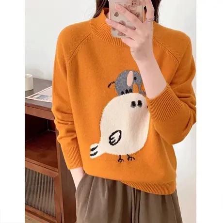 慵懒风卡通提花半高领毛衣女厚秋冬内搭减龄宽松韩版针织打底衫女商品大图