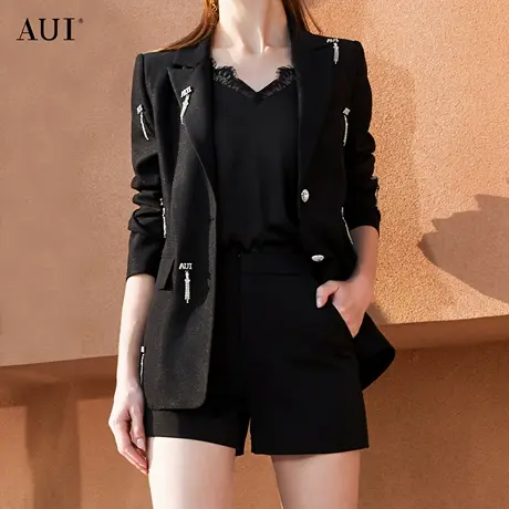 AUI黑色小众设计职业西装外套2023女春新款高级感炸街气质小西服商品大图