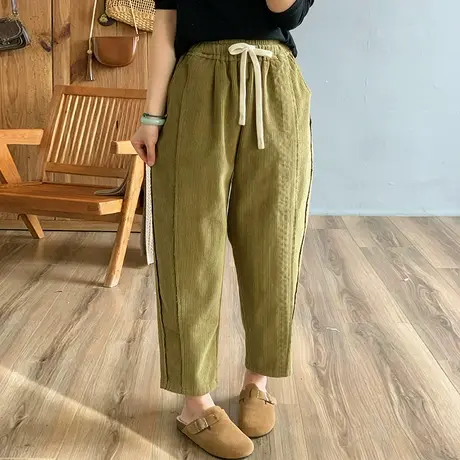 dza 高腰显瘦灯芯绒加绒宽松裤子女冬外穿休闲哈伦裤加厚阔腿女裤图片