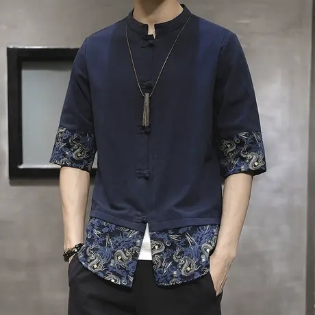 秋季薄款茶服复古半袖汉服盘扣中式衬衫休闲中山装青年短袖男唐装图片