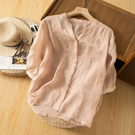 享永子中袖苎麻刺绣上衣女文艺复古宽松漂亮衬衫薄款2024夏季新款商品大图