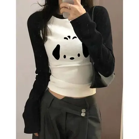 螺纹纯棉插肩长袖T恤女早春修身内搭打底衫洋气韩版短款上衣ins潮商品大图