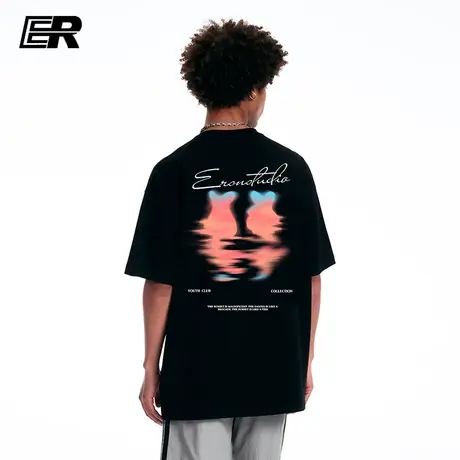 ER日落短袖T恤男2023夏季美式复古高街潮牌男女同款半袖体恤商品大图