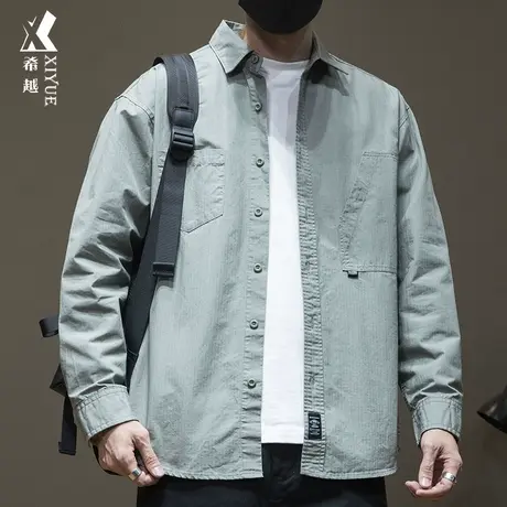 希越休闲翻领衬衫男2024春秋新款宽松大码长袖衬衣工装男士外套潮商品大图