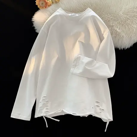 400g重磅白色卫衣男破洞长袖t恤男内搭打底衫秋潮牌上衣纯棉内衬商品大图