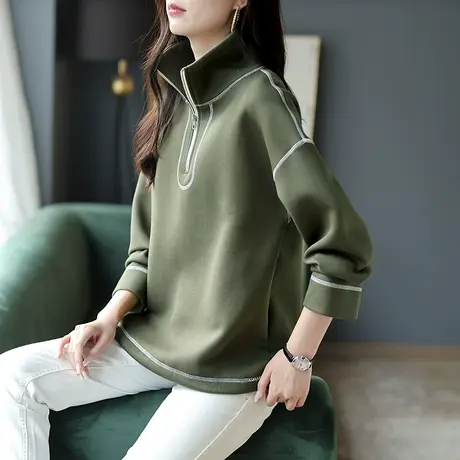 宝诗黎2023春季上衣女新款长袖休闲气质外套拉链立领落肩宽松卫衣图片