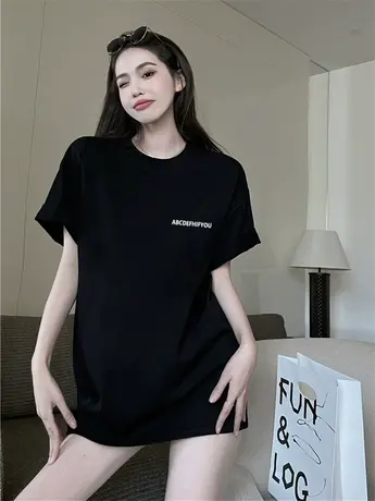 美式复古下衣失踪黑色T恤女夏季新款宽松中长款ins潮纯棉短袖上衣商品大图