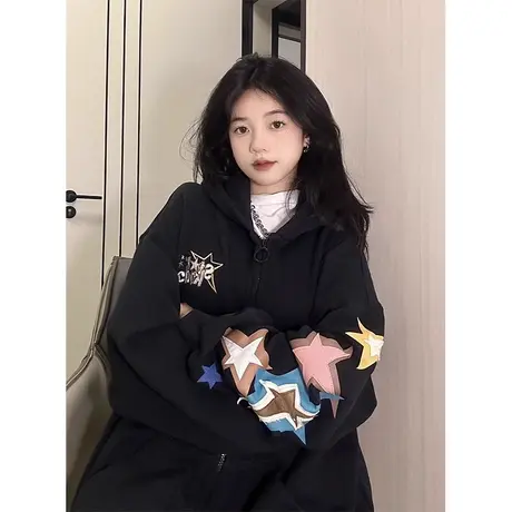 美式复古hiphop开衫卫衣女春秋宽松慵懒风设计感拉链外套潮牌高街商品大图