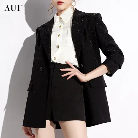 AUI黑色御姐气质设计感西装外套女2024春秋新款小众垫肩宽松西服图片