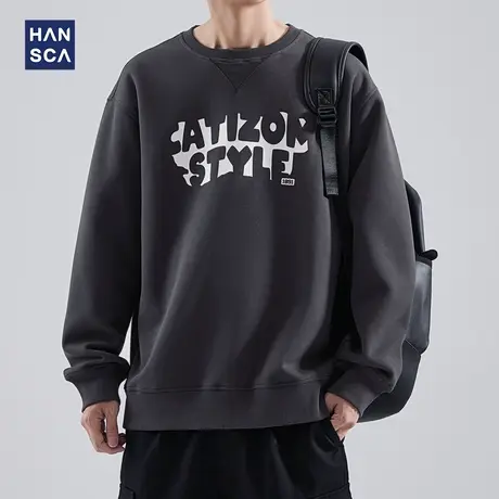 hansca春季新款美式字母印花卫衣男圆领宽松长袖上衣潮牌套头外套商品大图