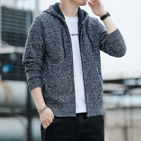 连帽夹克外套男士秋冬季加绒加厚休闲百搭简约针织开衫毛线上衣潮图片