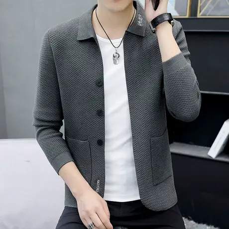 秋季韩版翻领毛衣男士休闲针织外套青年帅气百搭夹克开衫上衣外穿商品大图