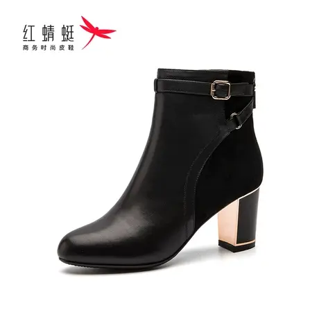 红蜻蜓女鞋女靴牛皮季冬新款高跟鞋尖头粗跟时尚百搭舒适透气防滑图片