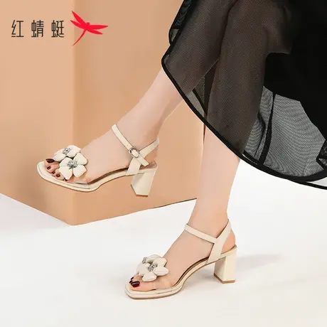 红蜻蜓凉鞋女粗跟2023夏季新款配裙子仙女风时装百搭一字带鞋高跟商品大图