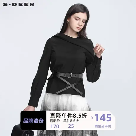 sdeer圣迪奥女装挖肩不规则褶皱黑色衬衫独特设计上衣S21180505🌹商品大图