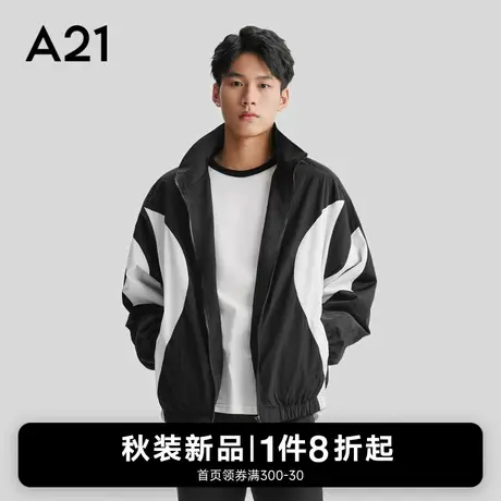 A21男装2023秋冬新款立领风衣男士撞色长袖外套宽松男款黑色冬装图片