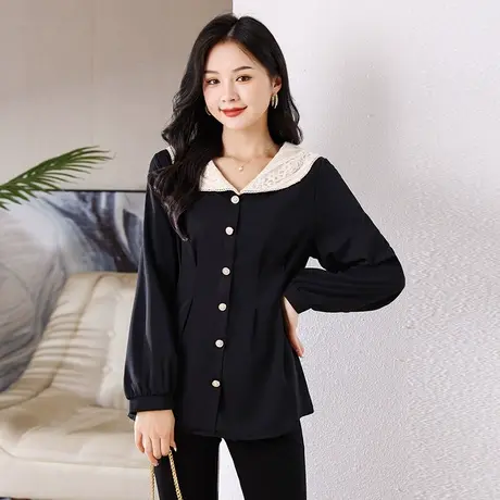 伊自尚2023年秋季新款胖mm大码女装甜美蕾丝翻领收腰显瘦衬衫上衣图片