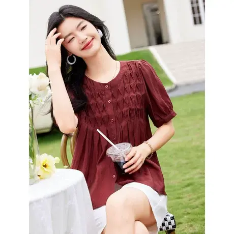 时尚气质圆领短袖衬衫2023年夏季新款女士简约天丝显瘦通勤上衣商品大图