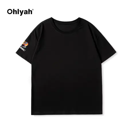 Ohlyah夏季短袖t恤女ins潮纯棉倒立小熊英文印花学生宽松黑色半袖商品大图