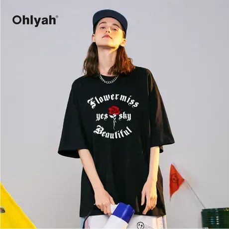Ohlyah潮牌美式玫瑰花卉圆环字母纯棉重磅短袖T恤男女同款半袖夏商品大图