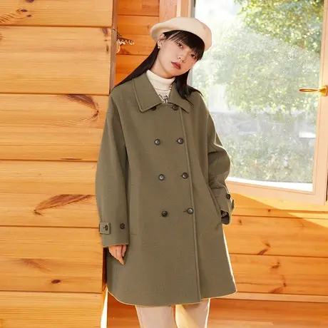 omont蛋挞家 复古方领双排扣绒感毛呢外套女秋冬季中长款呢子大衣图片